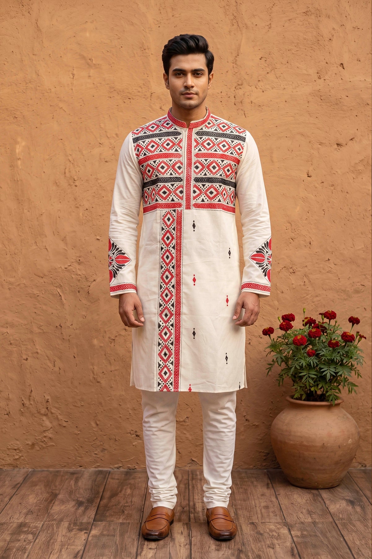 Off White Tussar with Kantha Work (Hand Embroidery) Panjabi