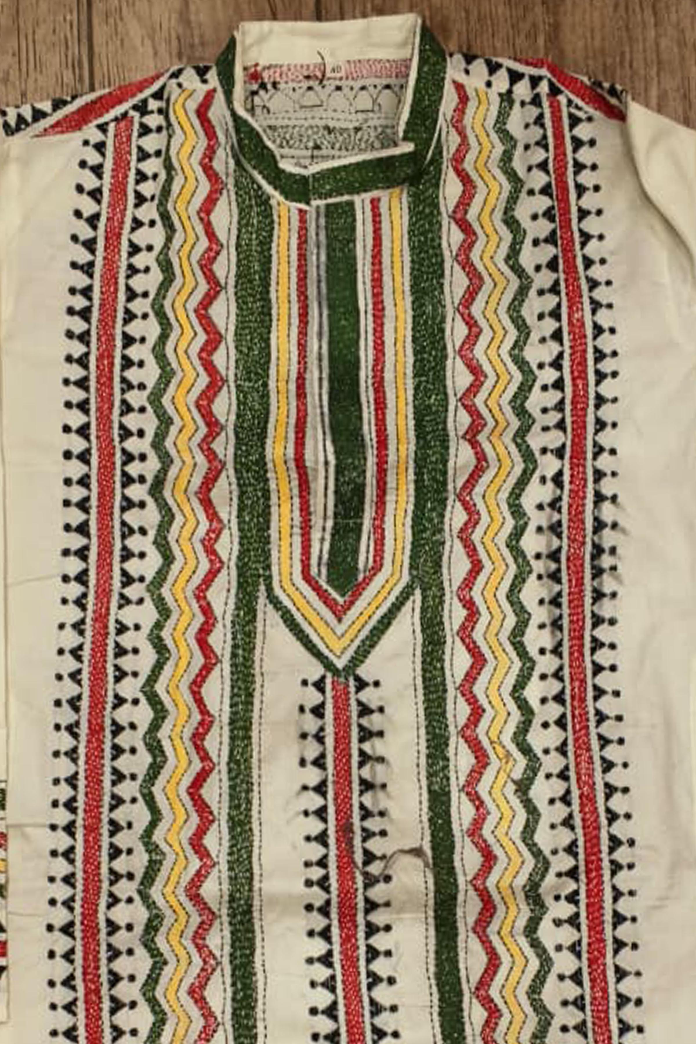 Off White Tussar with Kantha Work (Hand Embroidery) Panjabi