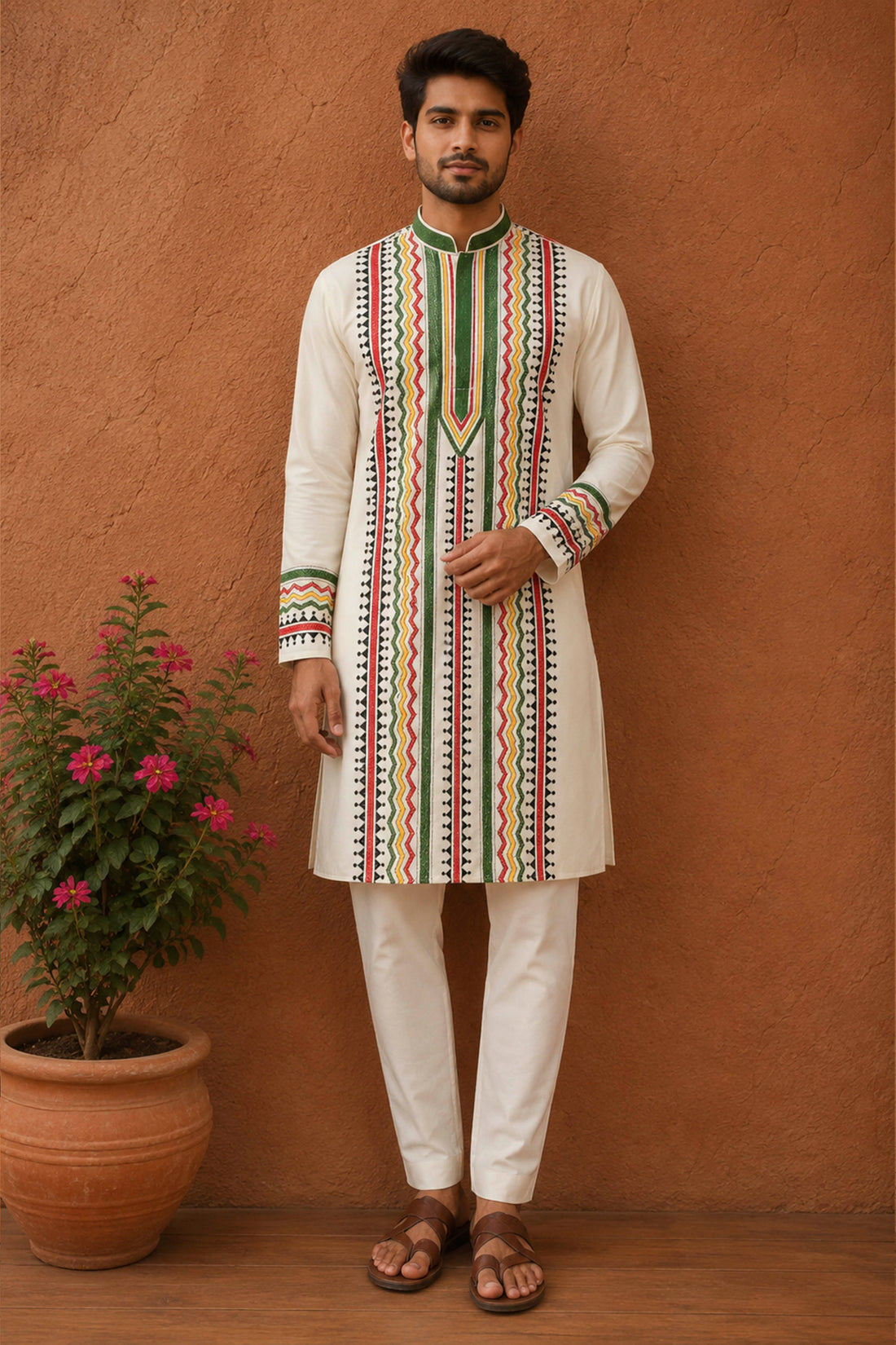 Off White Tussar with Kantha Work (Hand Embroidery) Panjabi