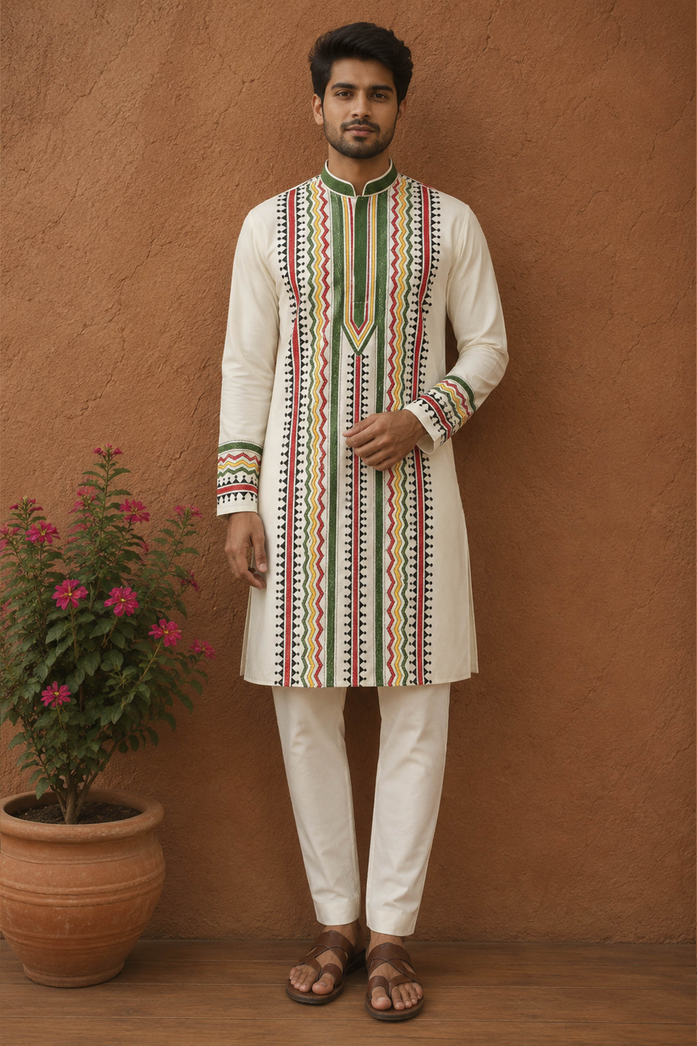 Off White Tussar with Kantha Work (Hand Embroidery) Panjabi