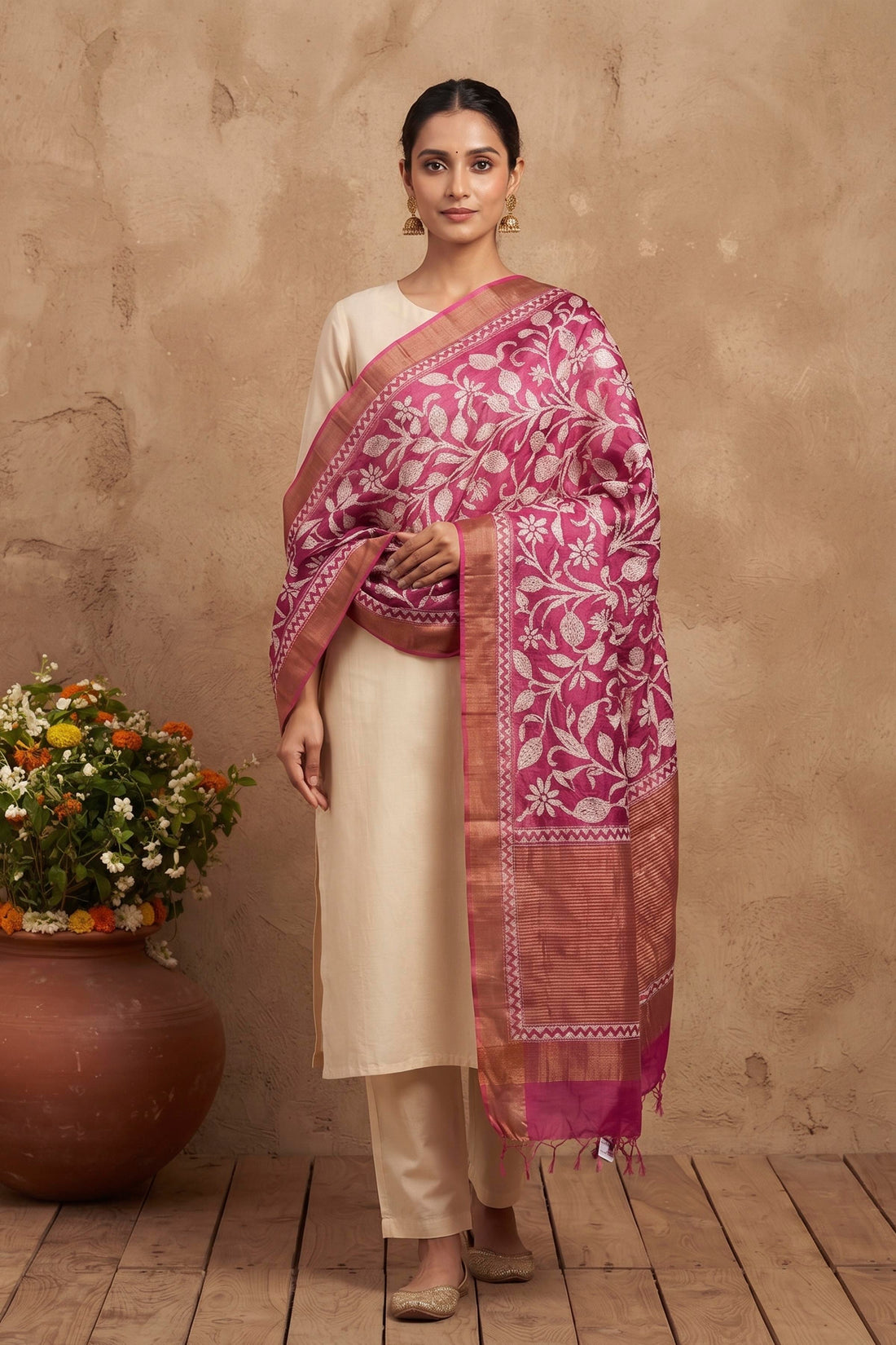 Zari Border Pure Tussar Kantha Stitch Dupatta SN26KD34