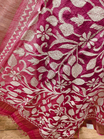 Zari Border Pure Tussar Kantha Stitch Dupatta SN26KD34