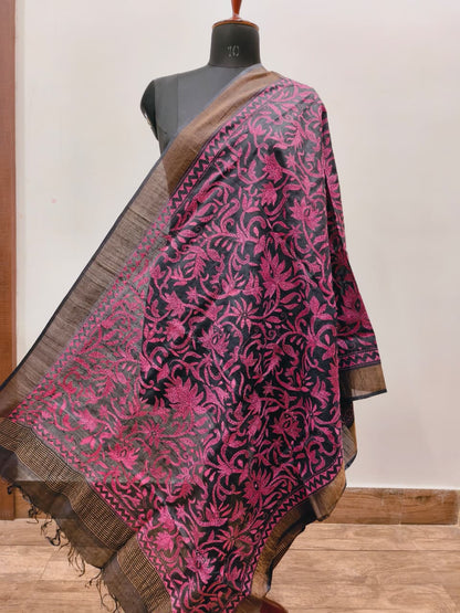Zari Border Pure Tussar Kantha Stitch Dupatta SN26KD37