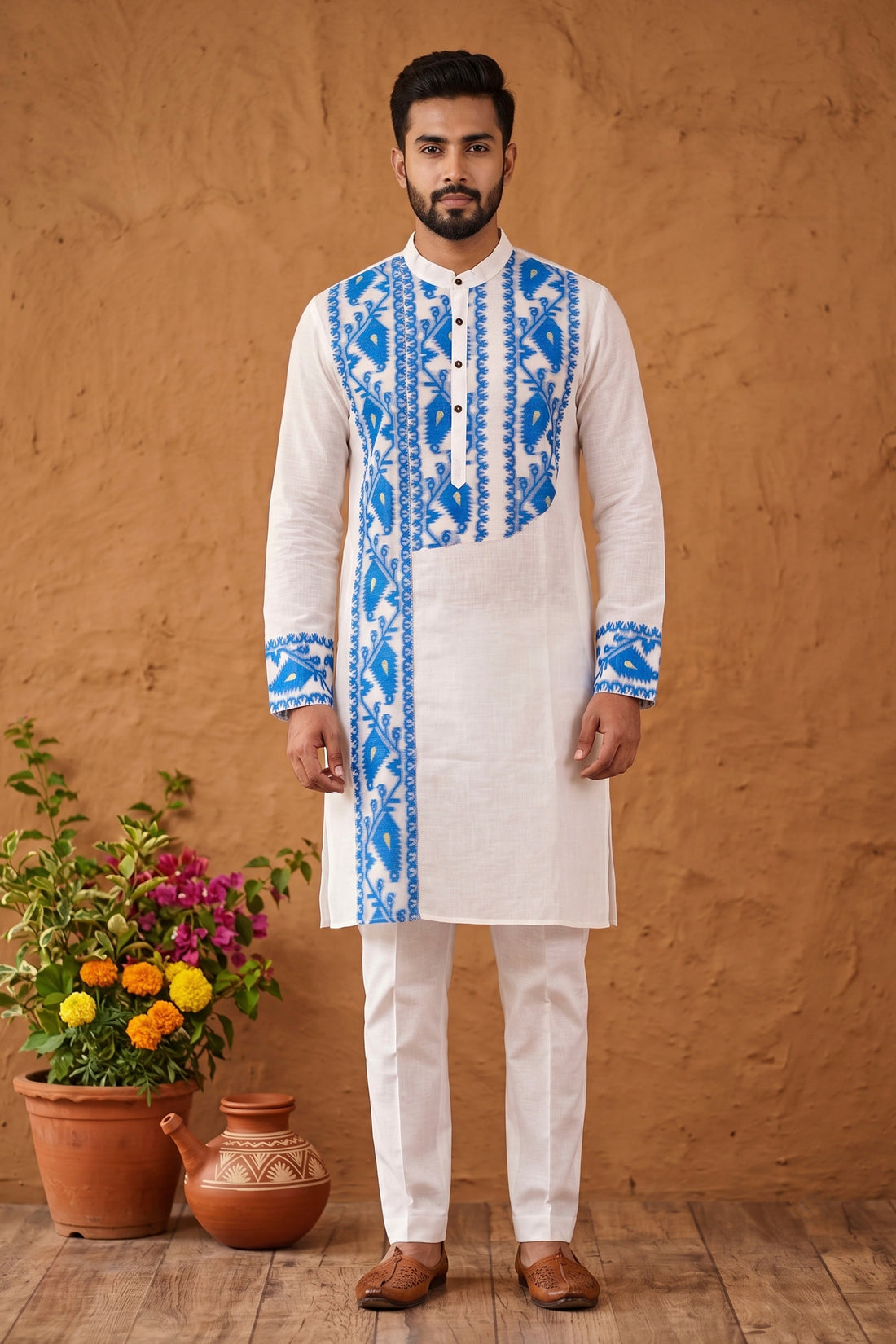 White Color Cotton with Jamdani Patch Work Panjabi