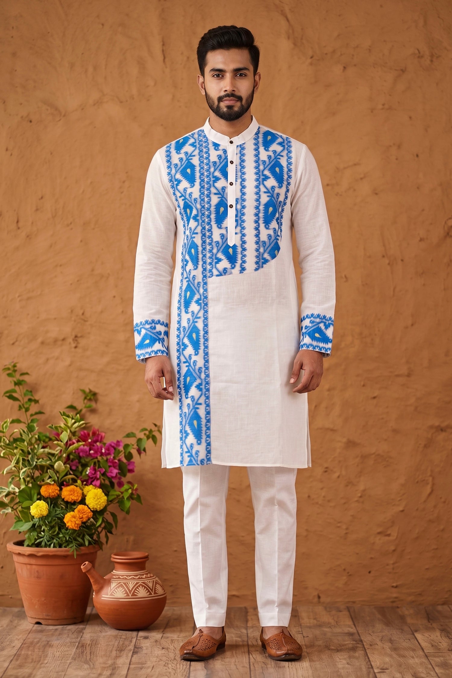 White Color Cotton with Jamdani Patch Work Panjabi