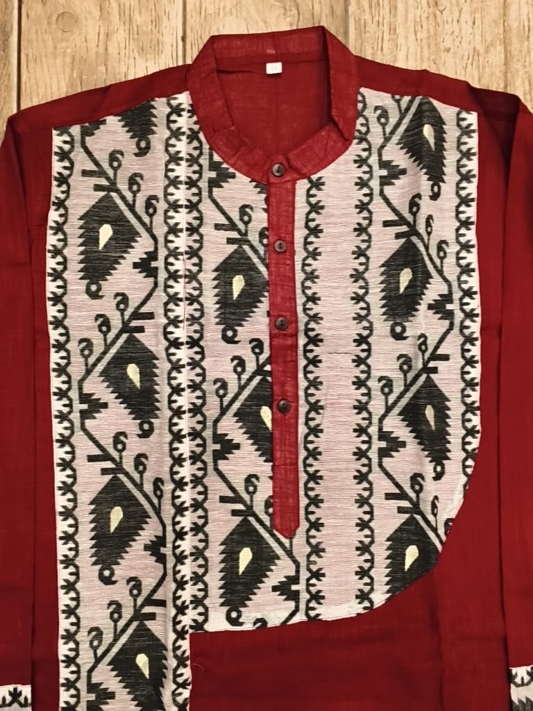 Maroon Color Cotton with Jamdani Patch Work Panjabi