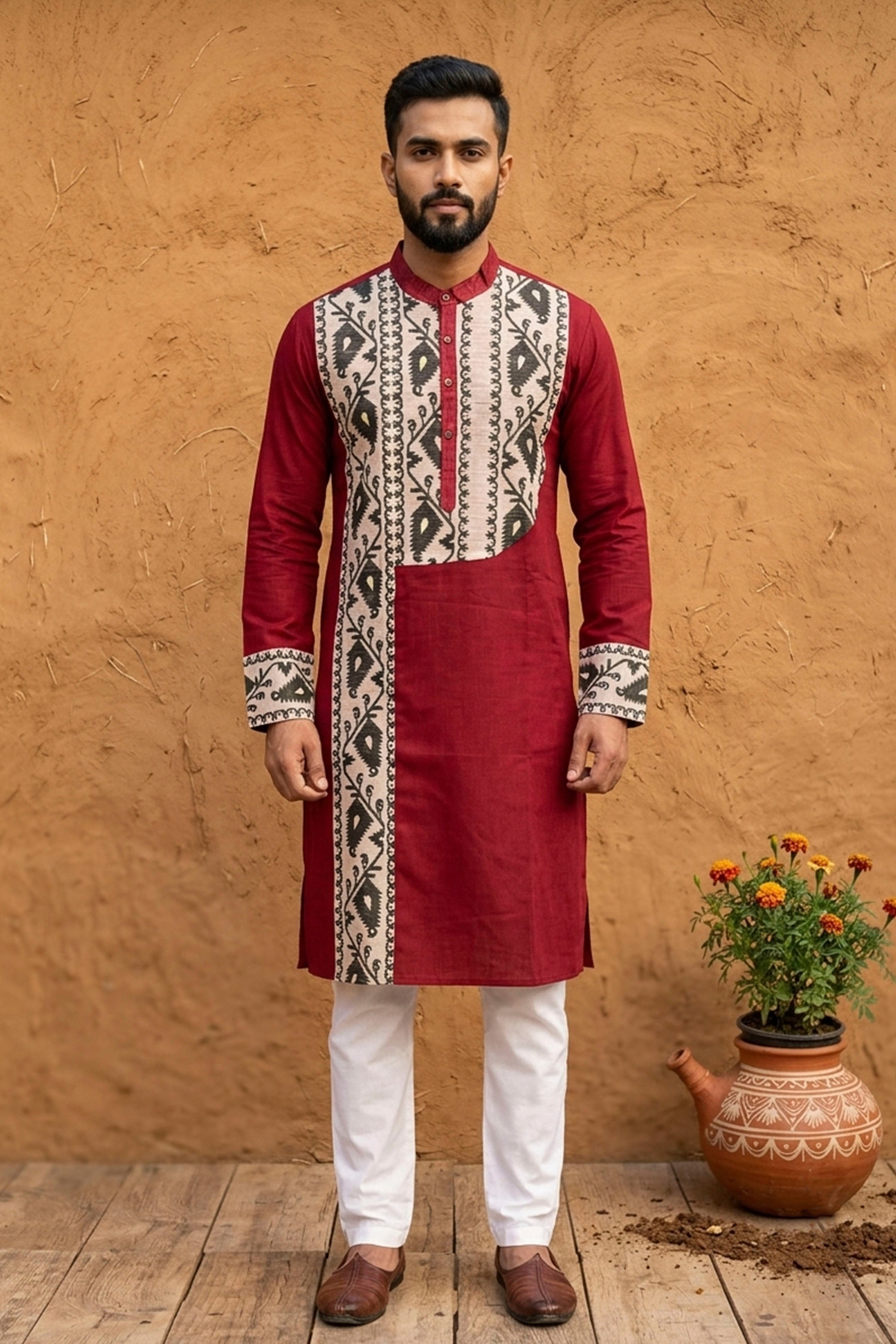 Maroon Color Cotton with Jamdani Patch Work Panjabi