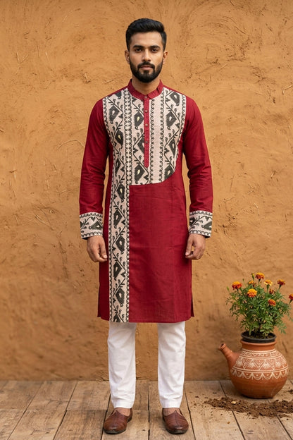 Maroon Color Cotton with Jamdani Patch Work Panjabi