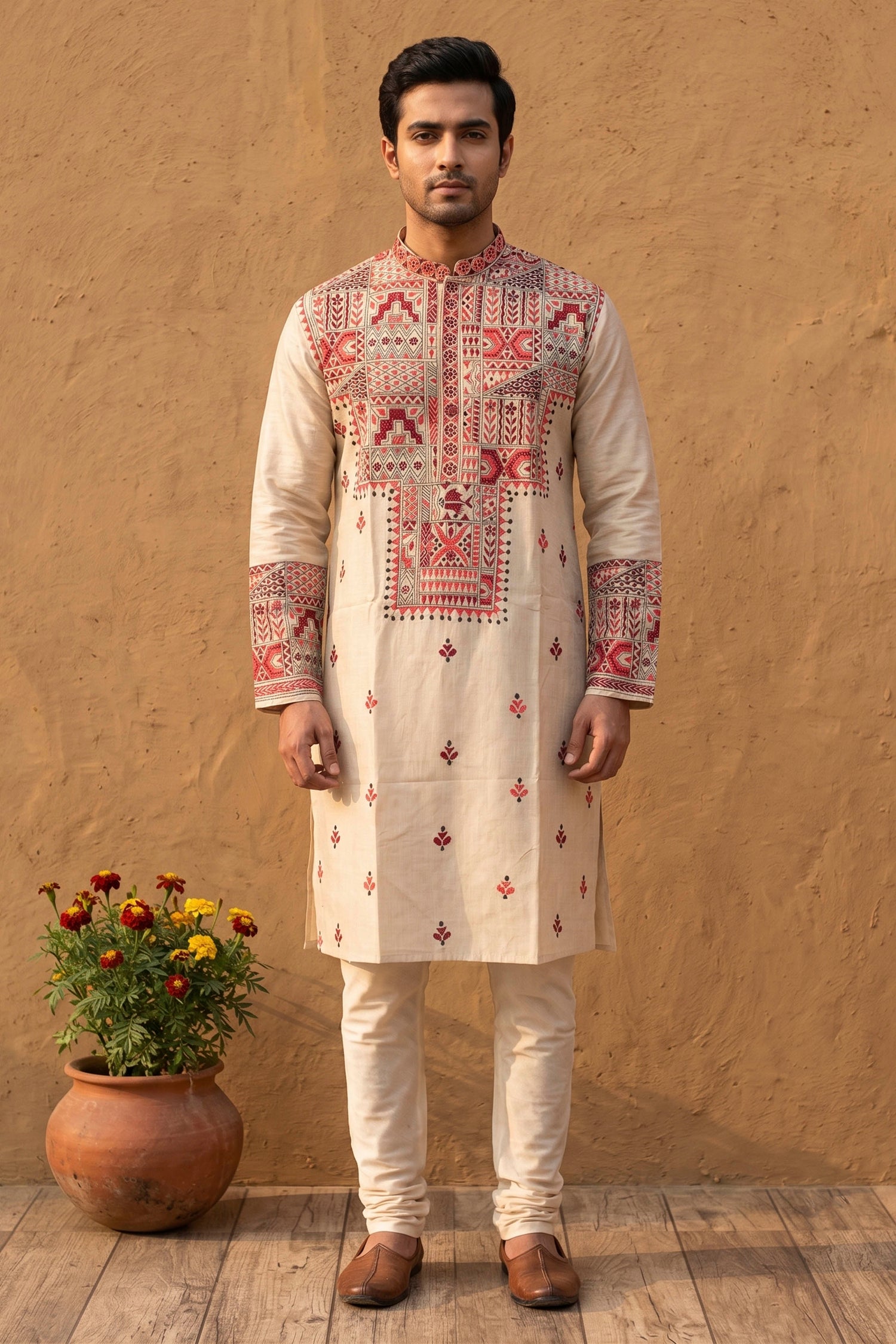 Beige Pure Tussar with Kantha Work (Hand Embroidery) Panjabi KP26375