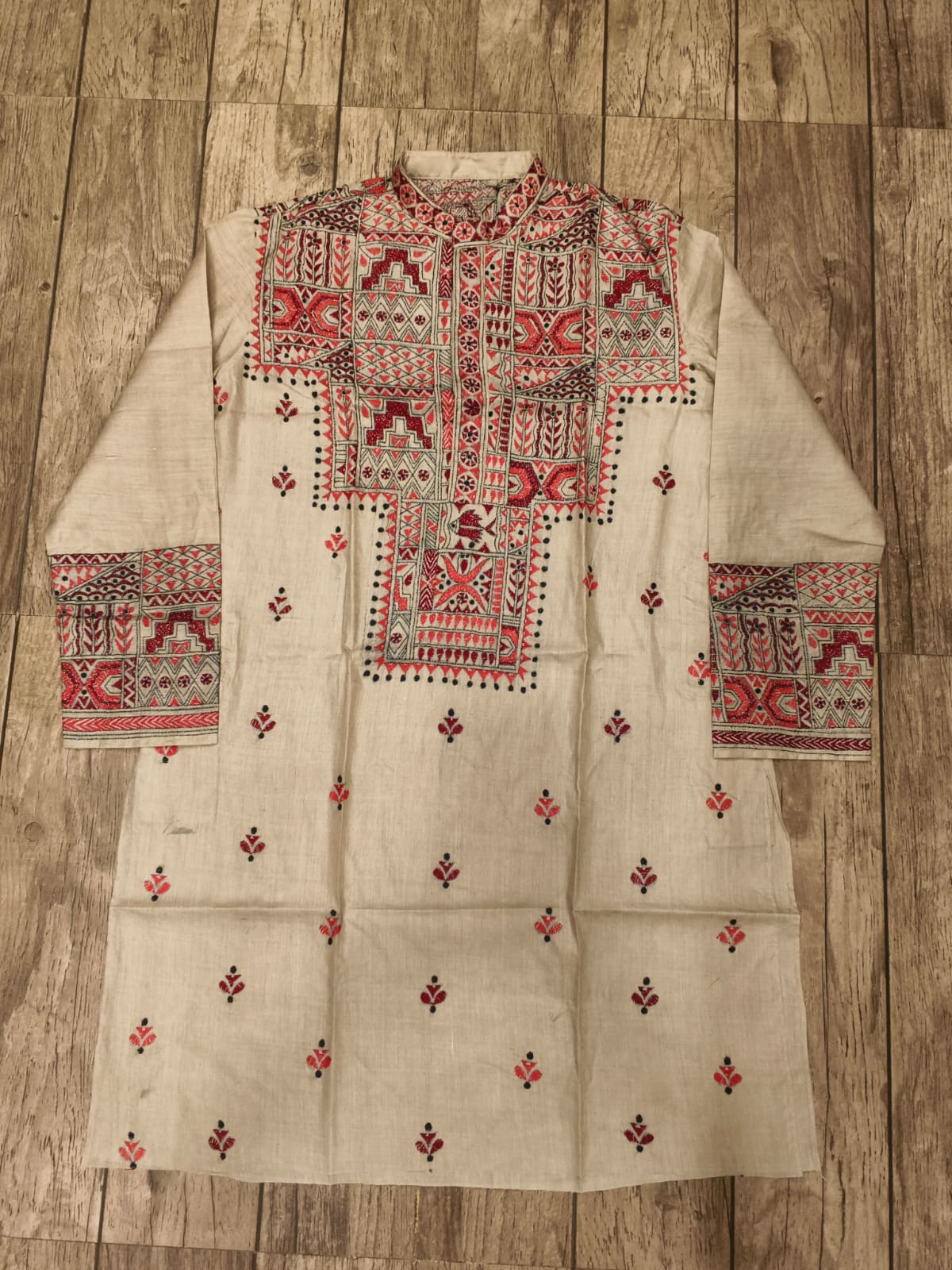 Beige Pure Tussar with Kantha Work (Hand Embroidery) Panjabi KP26375