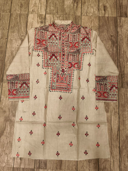 Beige Pure Tussar with Kantha Work (Hand Embroidery) Panjabi KP26375