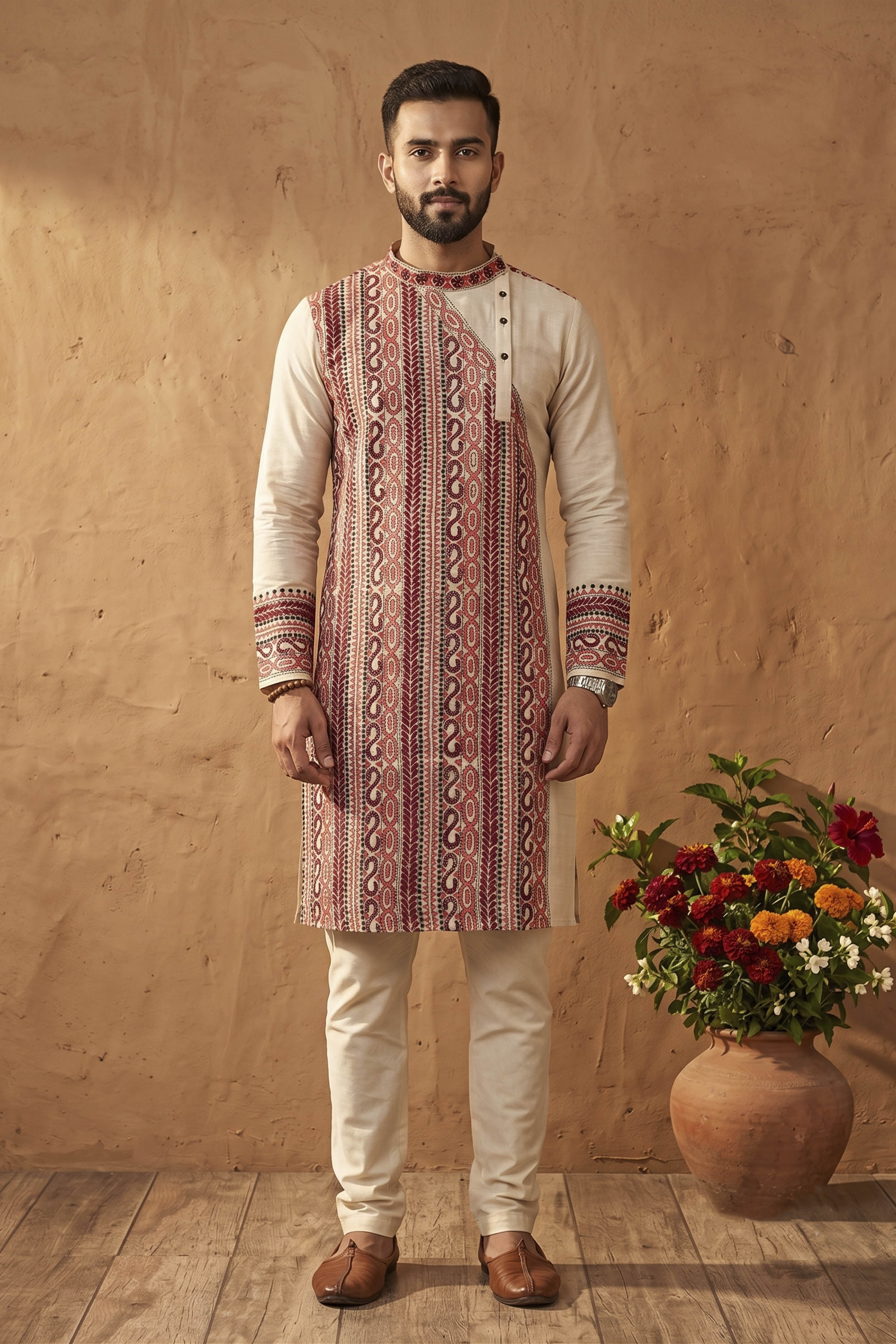 Beige Pure Tussar with Kantha Work (Hand Embroidery) Panjabi KP26376