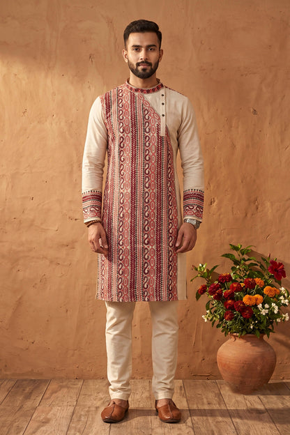 Beige Pure Tussar with Kantha Work (Hand Embroidery) Panjabi KP26376