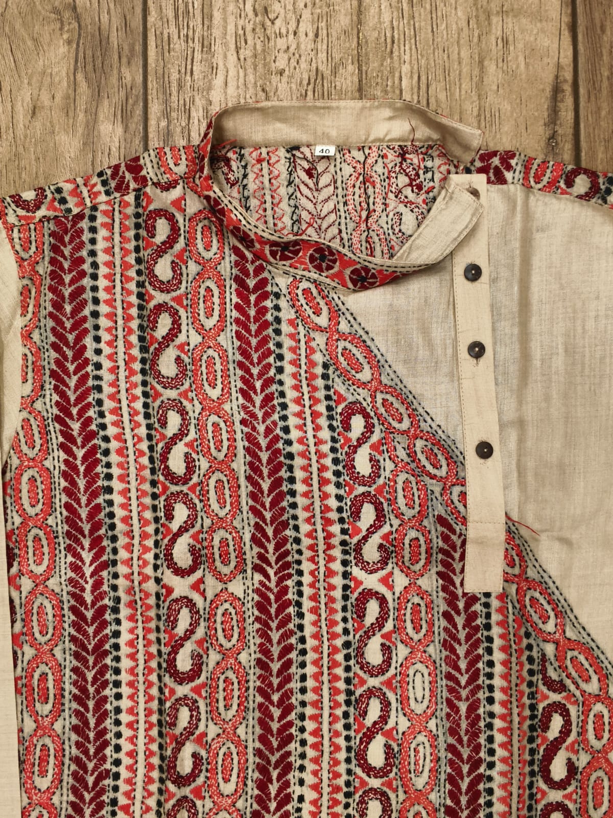 Beige Pure Tussar with Kantha Work (Hand Embroidery) Panjabi KP26376
