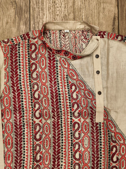 Beige Pure Tussar with Kantha Work (Hand Embroidery) Panjabi KP26376
