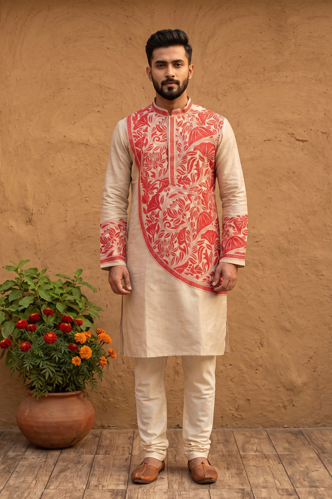 Beige Pure Tussar with Kantha Work (Hand Embroidery) Panjabi KP26377