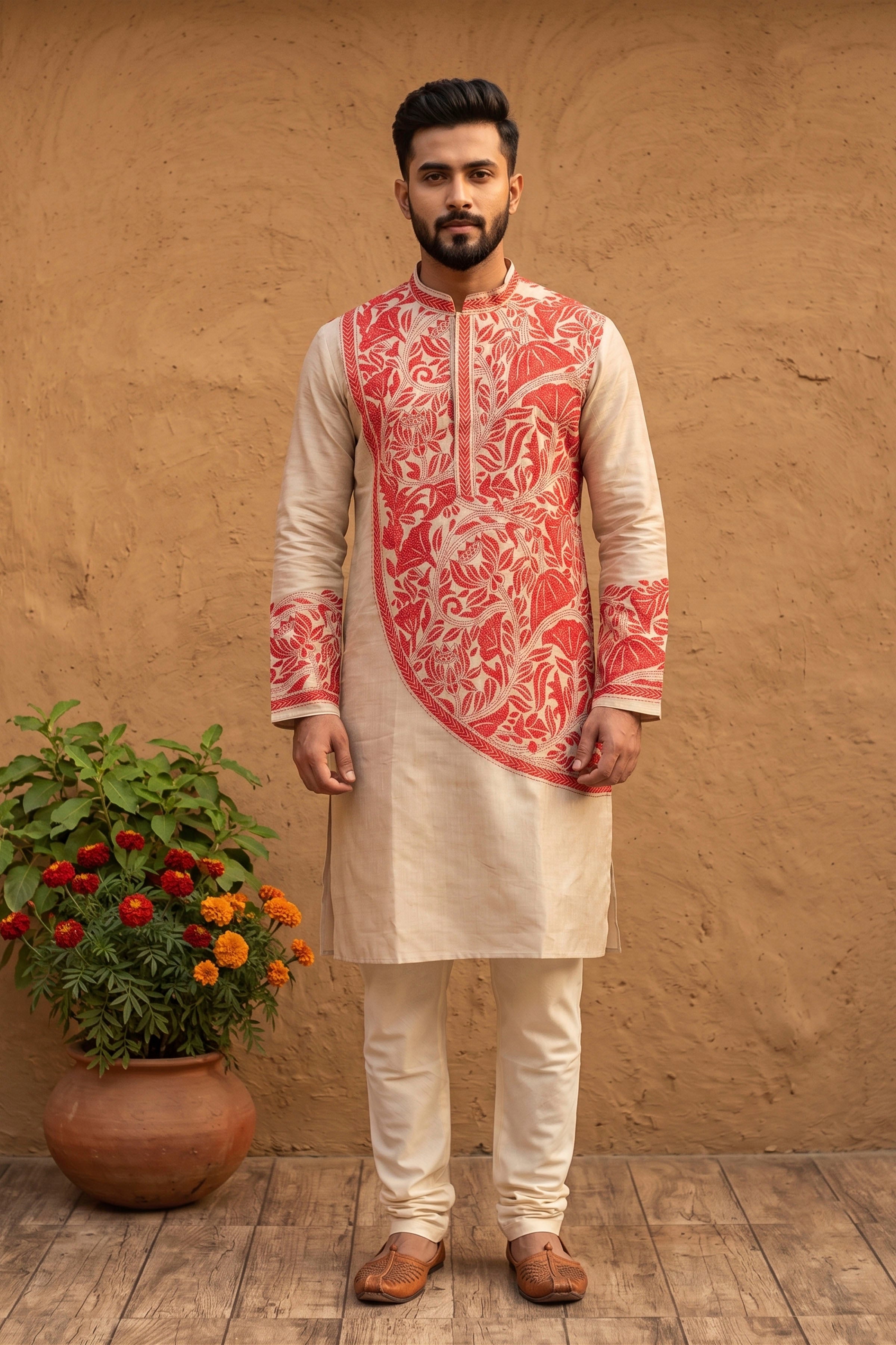 Beige Pure Tussar with Kantha Work (Hand Embroidery) Panjabi KP26377