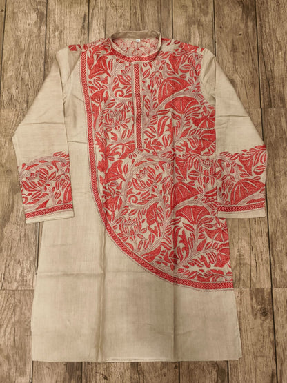 Beige Pure Tussar with Kantha Work (Hand Embroidery) Panjabi KP26377