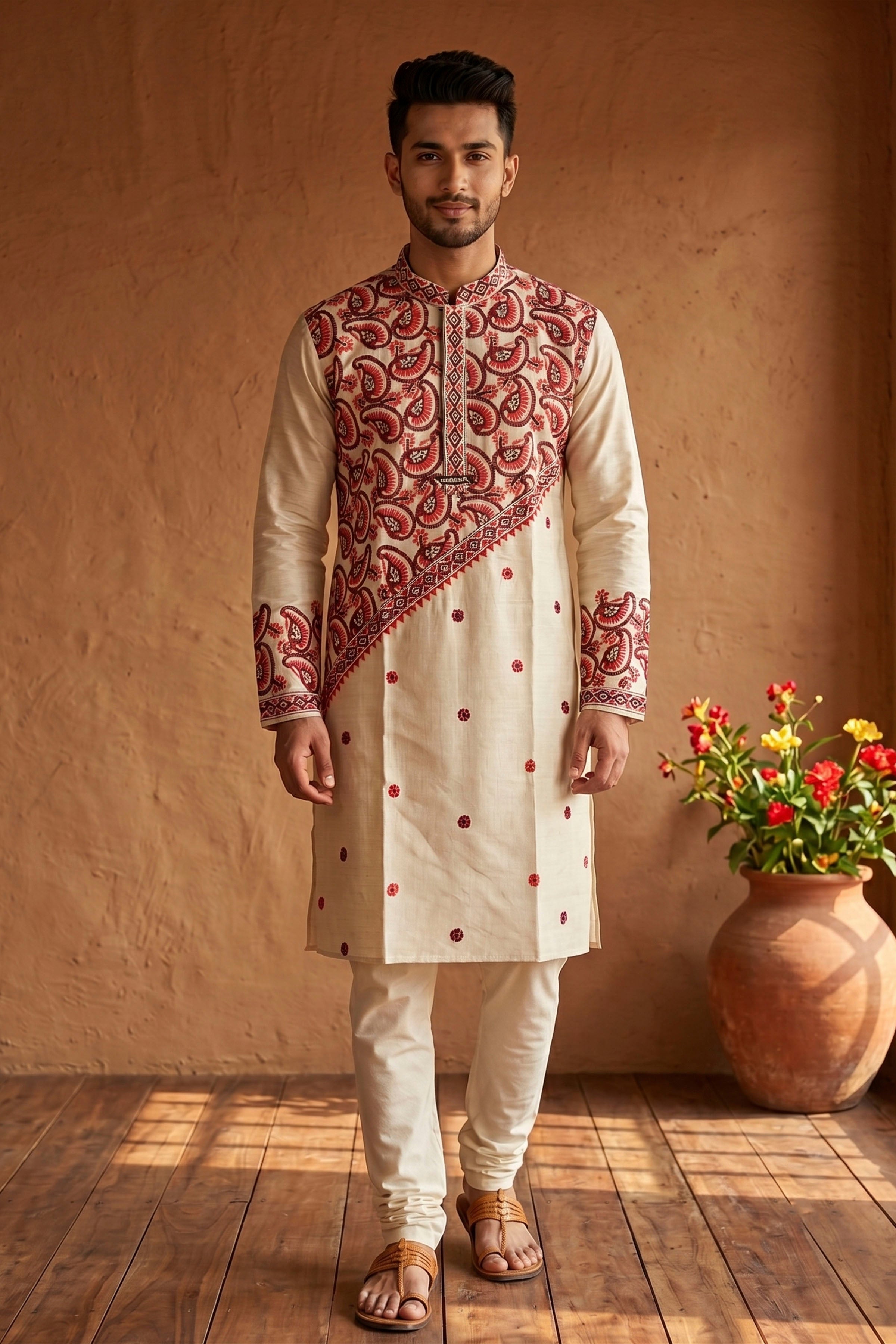 Beige Pure Tussar with Kantha Work (Hand Embroidery) Panjabi KP26378
