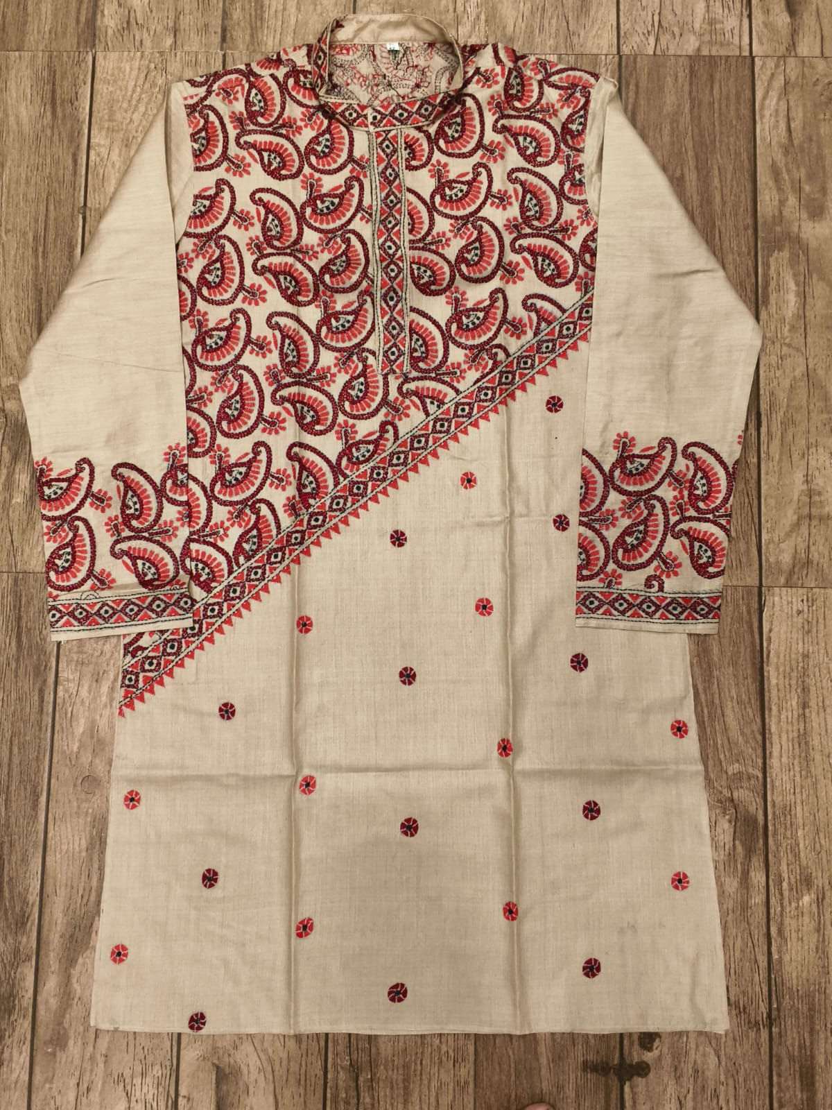 Beige Pure Tussar with Kantha Work (Hand Embroidery) Panjabi KP26378