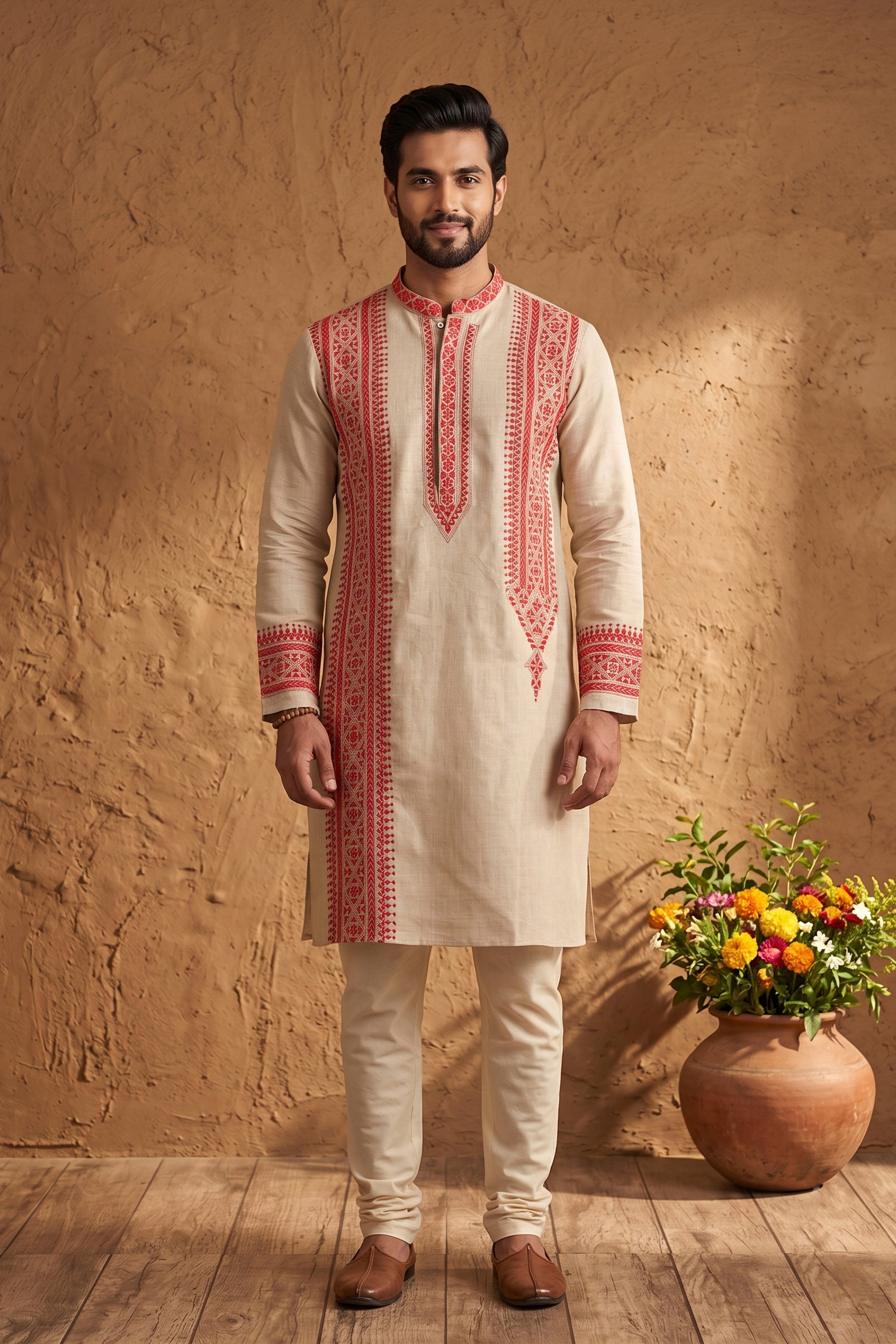 Beige Pure Tussar with Kantha Work (Hand Embroidery) Panjabi KP26379