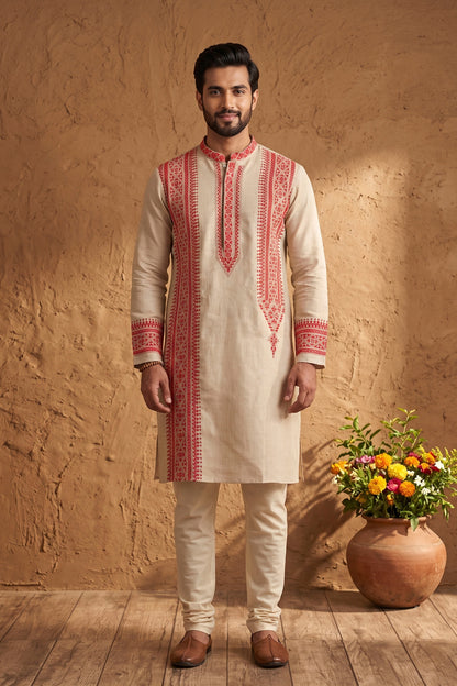 Beige Pure Tussar with Kantha Work (Hand Embroidery) Panjabi KP26379