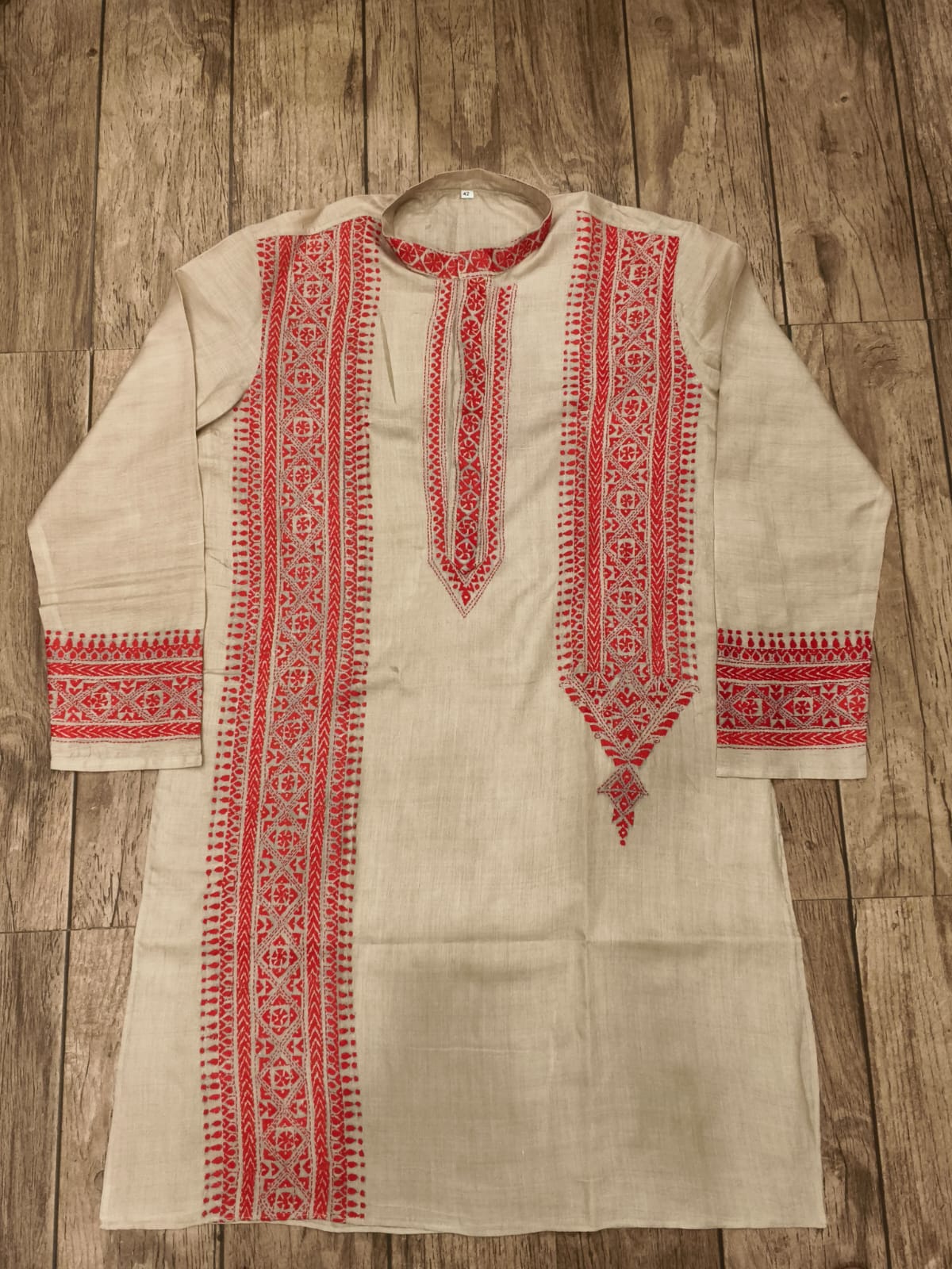 Beige Pure Tussar with Kantha Work (Hand Embroidery) Panjabi KP26379