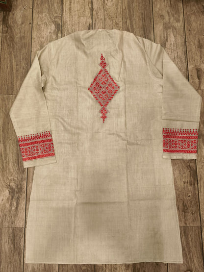 Beige Pure Tussar with Kantha Work (Hand Embroidery) Panjabi KP26379