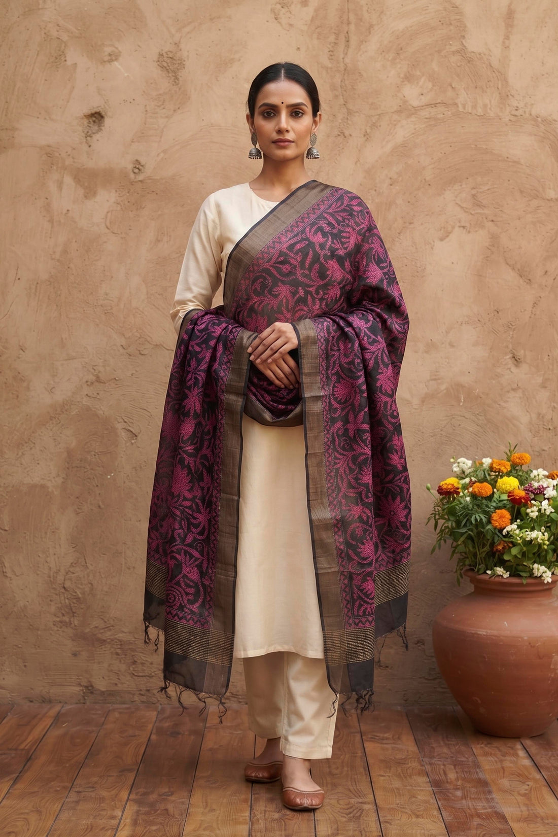 Zari Border Pure Tussar Kantha Stitch Dupatta SN26KD37