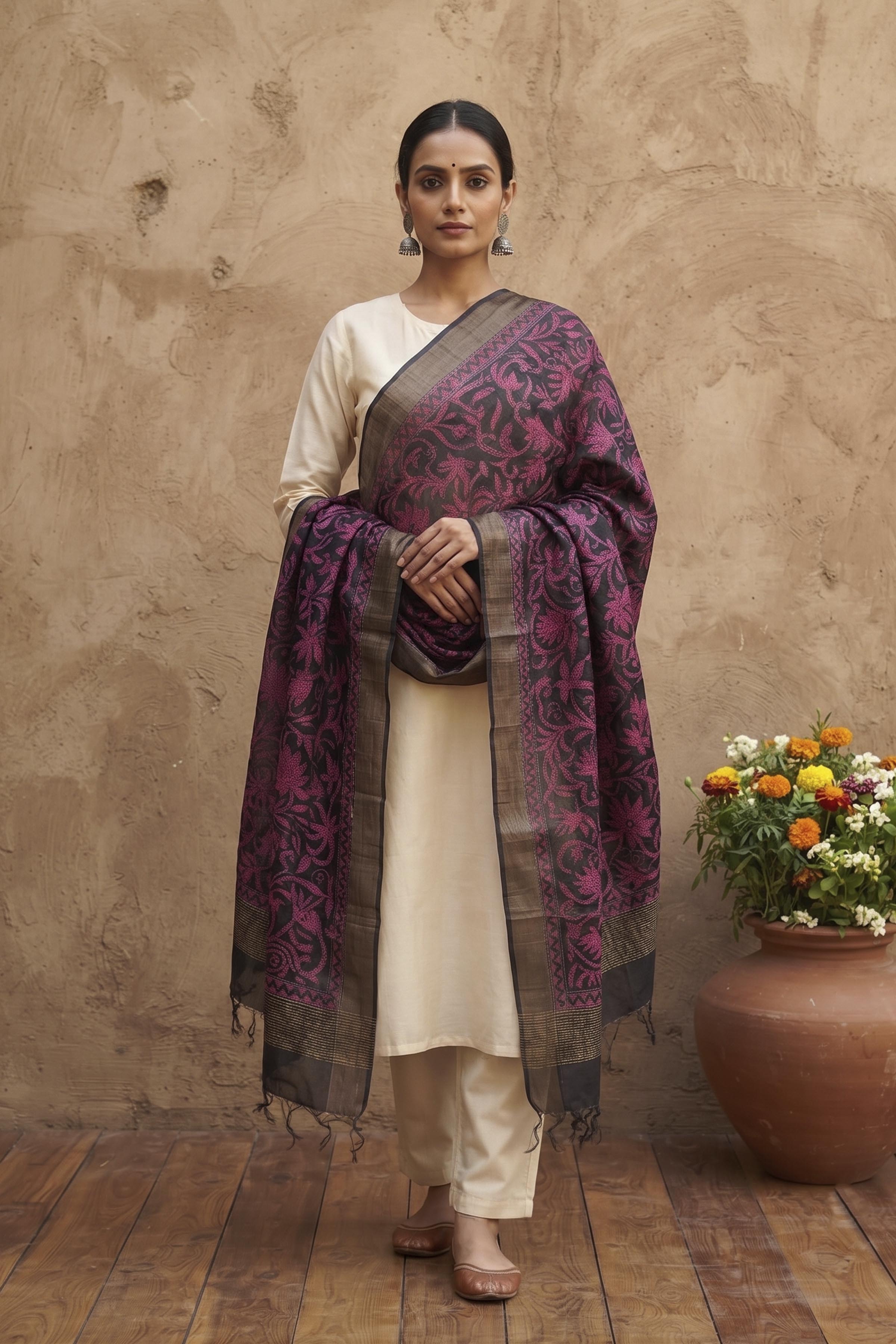 Zari Border Pure Tussar Kantha Stitch Dupatta SN26KD37