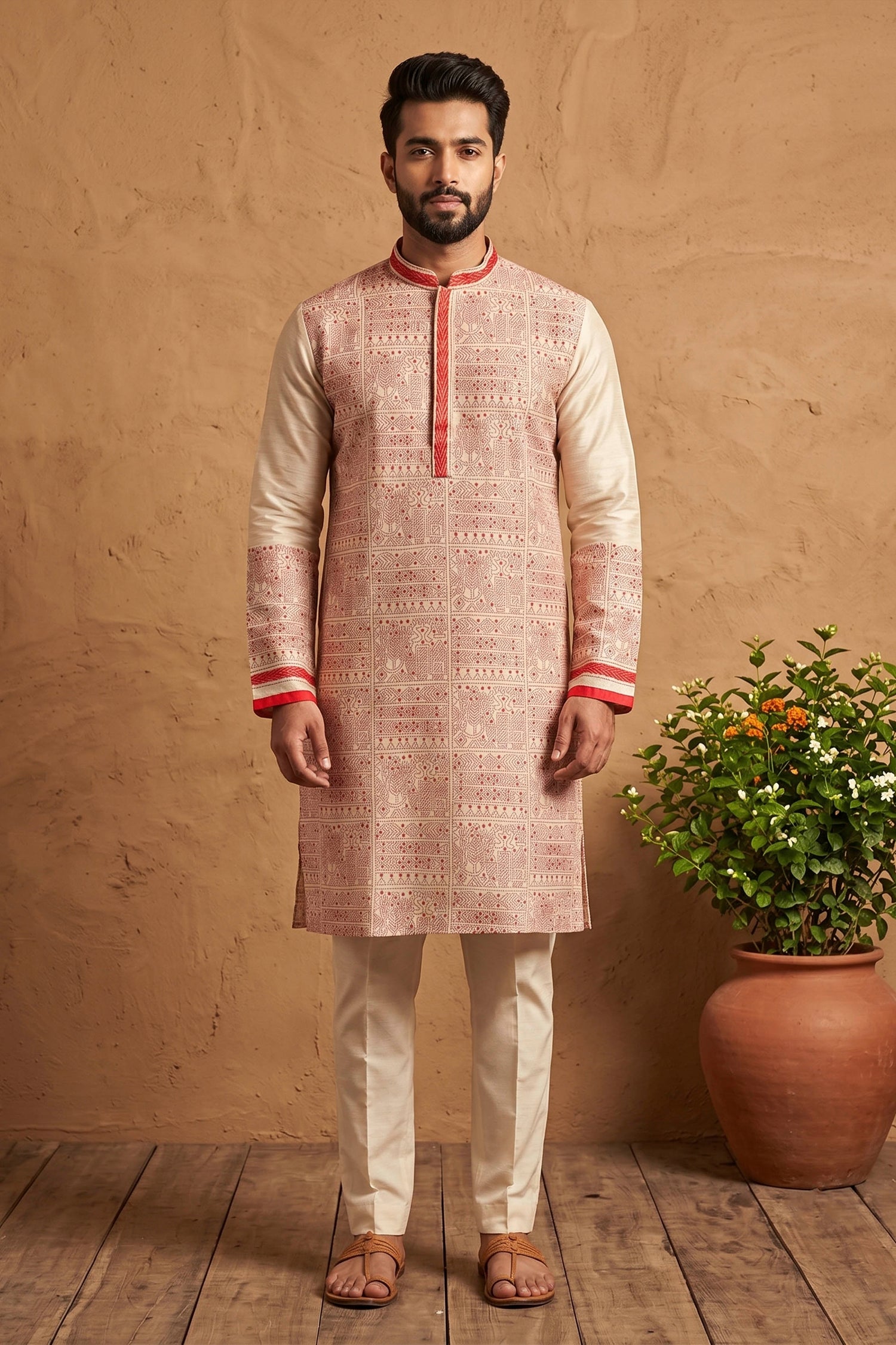 Beige Pure Tussar with Kantha Work (Hand Embroidery) Panjabi KP26380