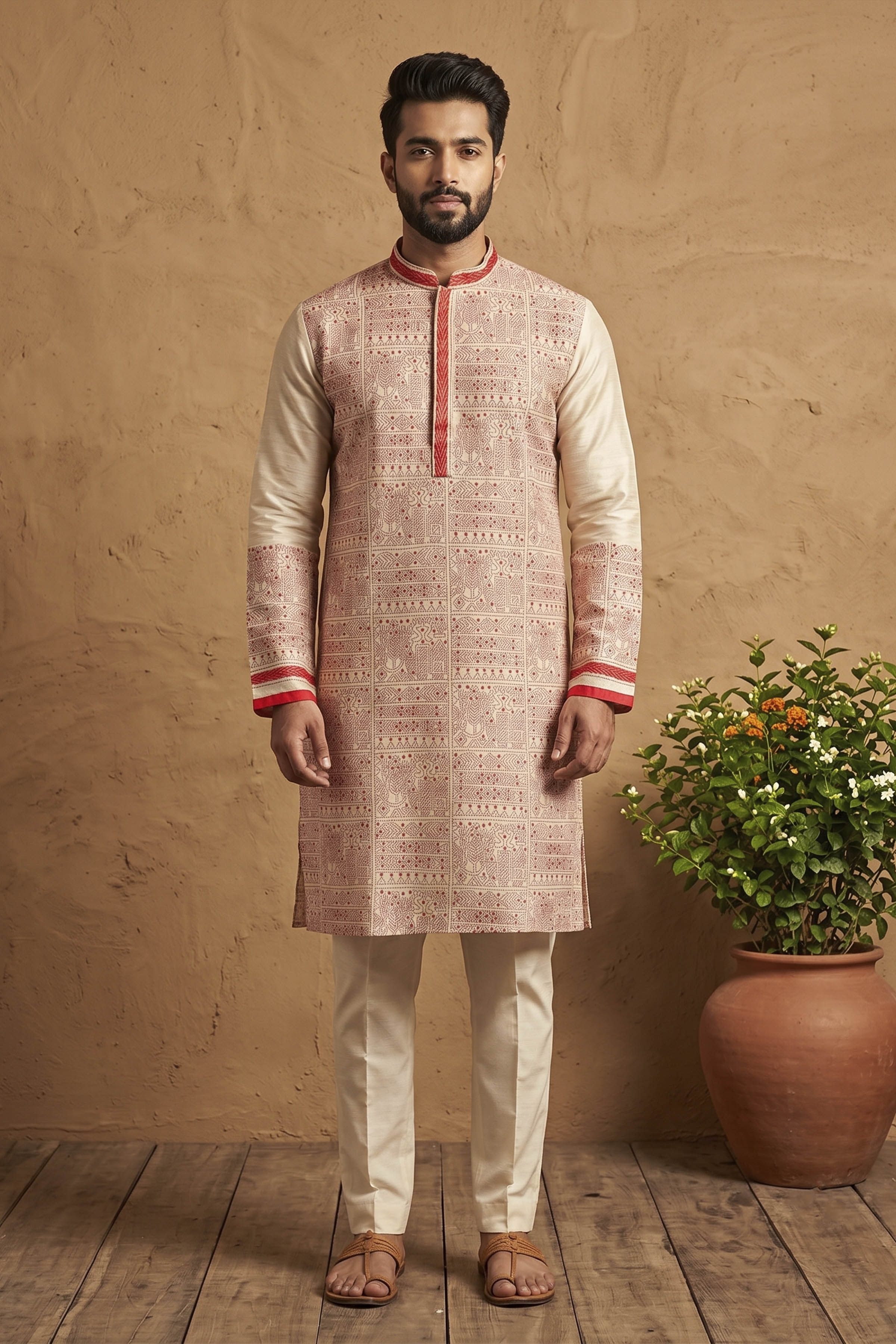 Beige Pure Tussar with Kantha Work (Hand Embroidery) Panjabi KP26380
