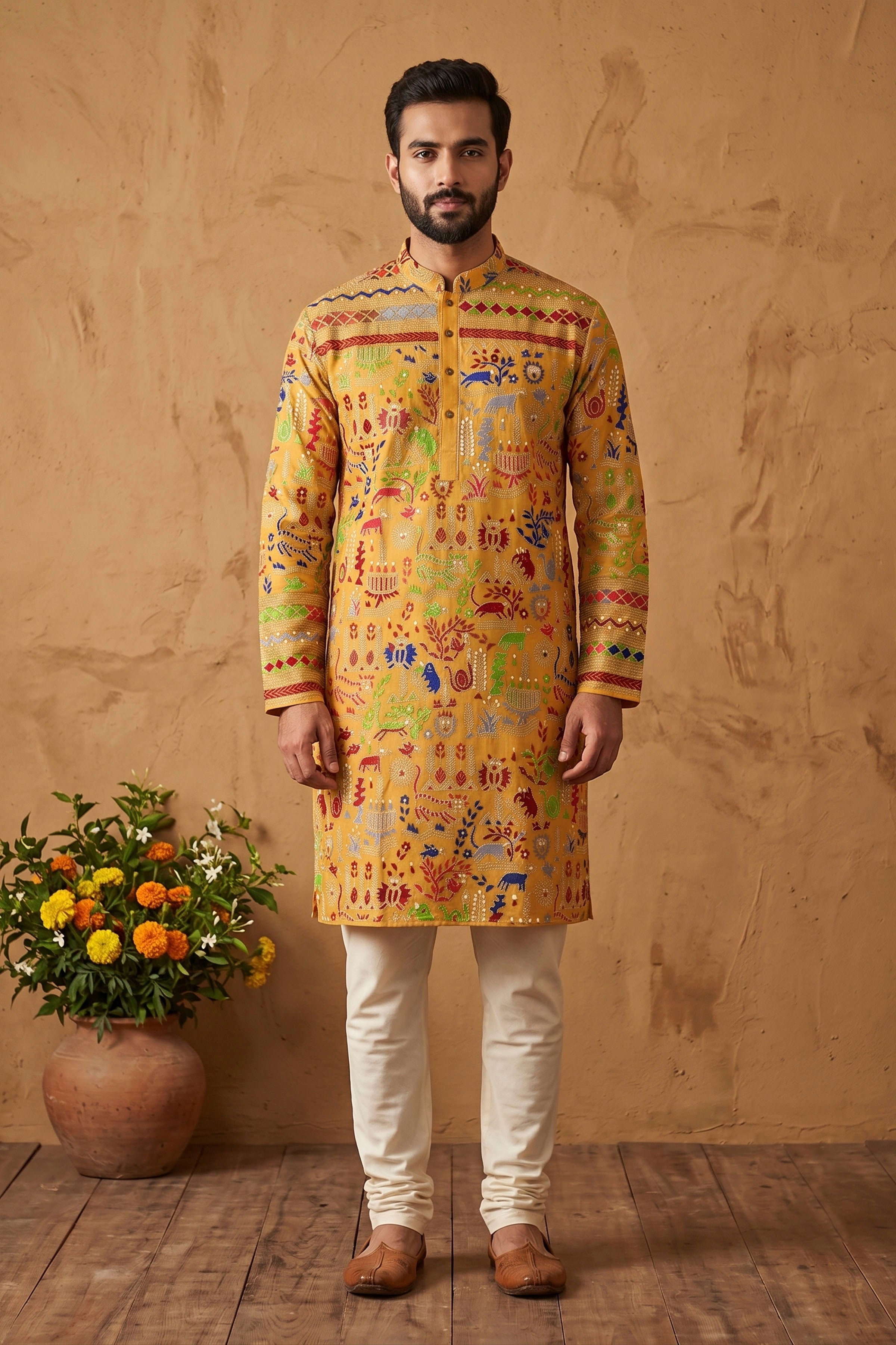 Yellow Pure Tussar with Kantha Work (Hand Embroidery) Panjabi KP26381