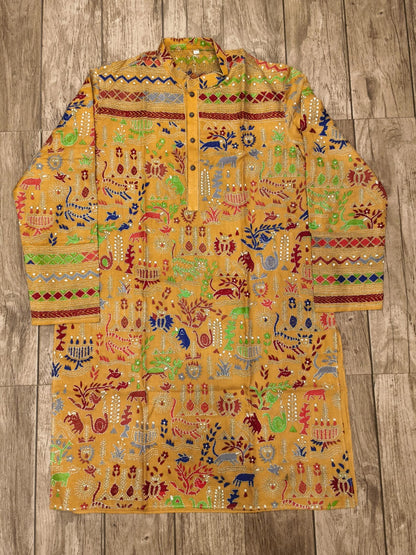Yellow Pure Tussar with Kantha Work (Hand Embroidery) Panjabi KP26381