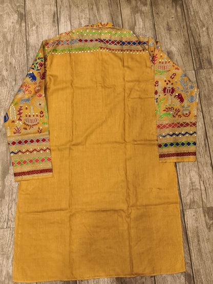Yellow Pure Tussar with Kantha Work (Hand Embroidery) Panjabi KP26381