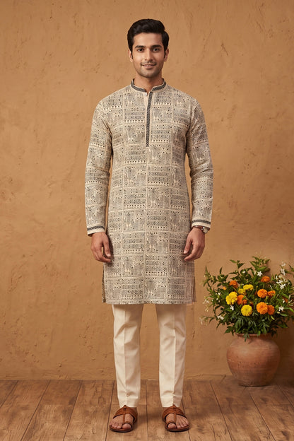 Beige Pure Tussar with Kantha Work (Hand Embroidery) Panjabi KP26382