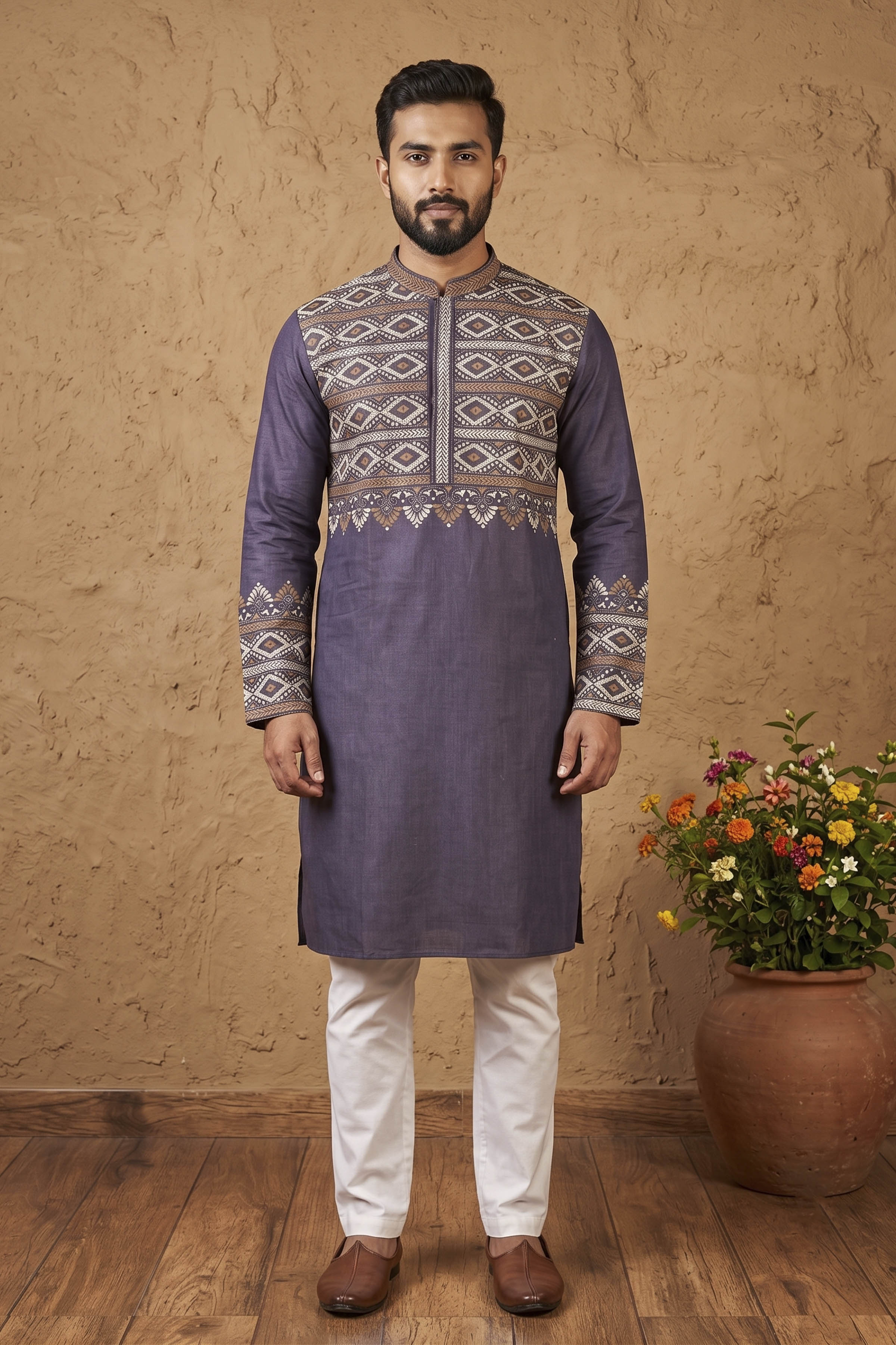 Light Wine Pure Tussar with Kantha Work (Hand Embroidery) Panjabi KP26383