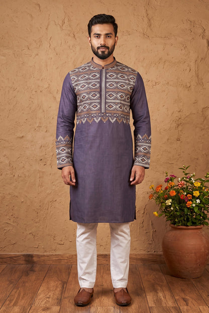 Light Wine Pure Tussar with Kantha Work (Hand Embroidery) Panjabi KP26383