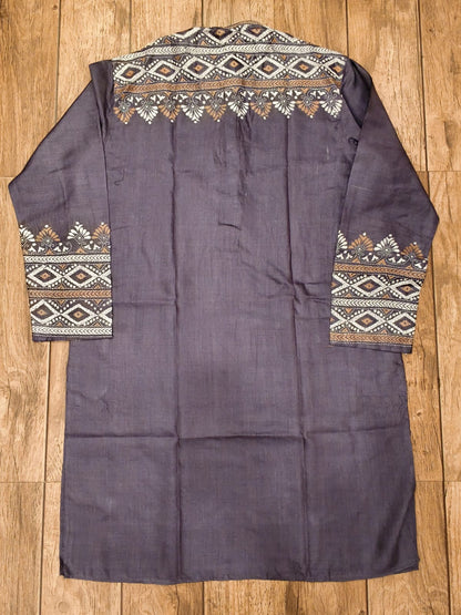 Light Wine Pure Tussar with Kantha Work (Hand Embroidery) Panjabi KP26383