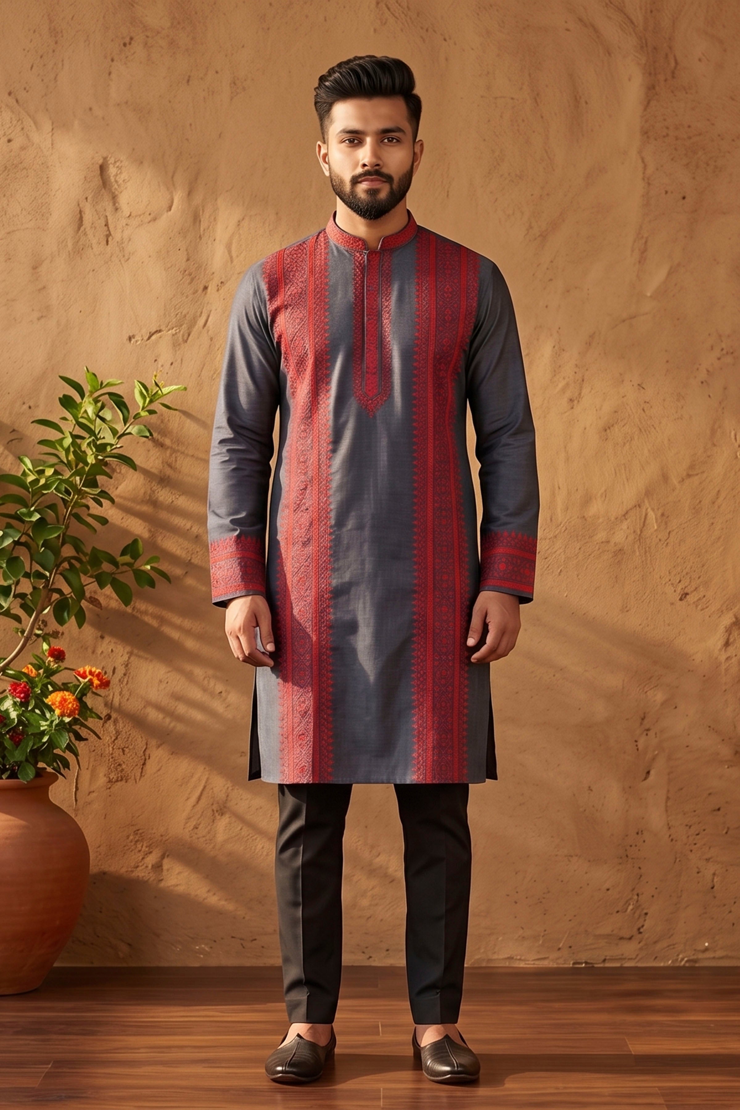 Still Gray Pure Tussar with Kantha Work (Hand Embroidery) Panjabi KP26384