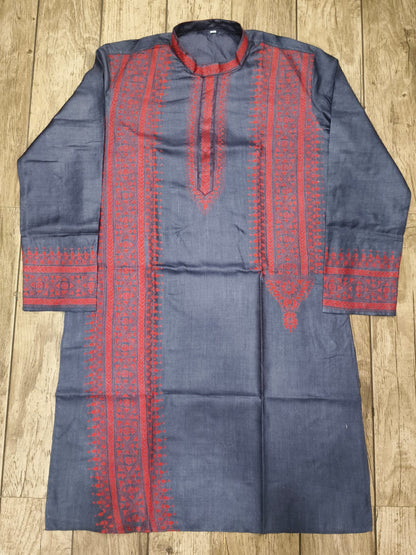 Still Gray Pure Tussar with Kantha Work (Hand Embroidery) Panjabi KP26384