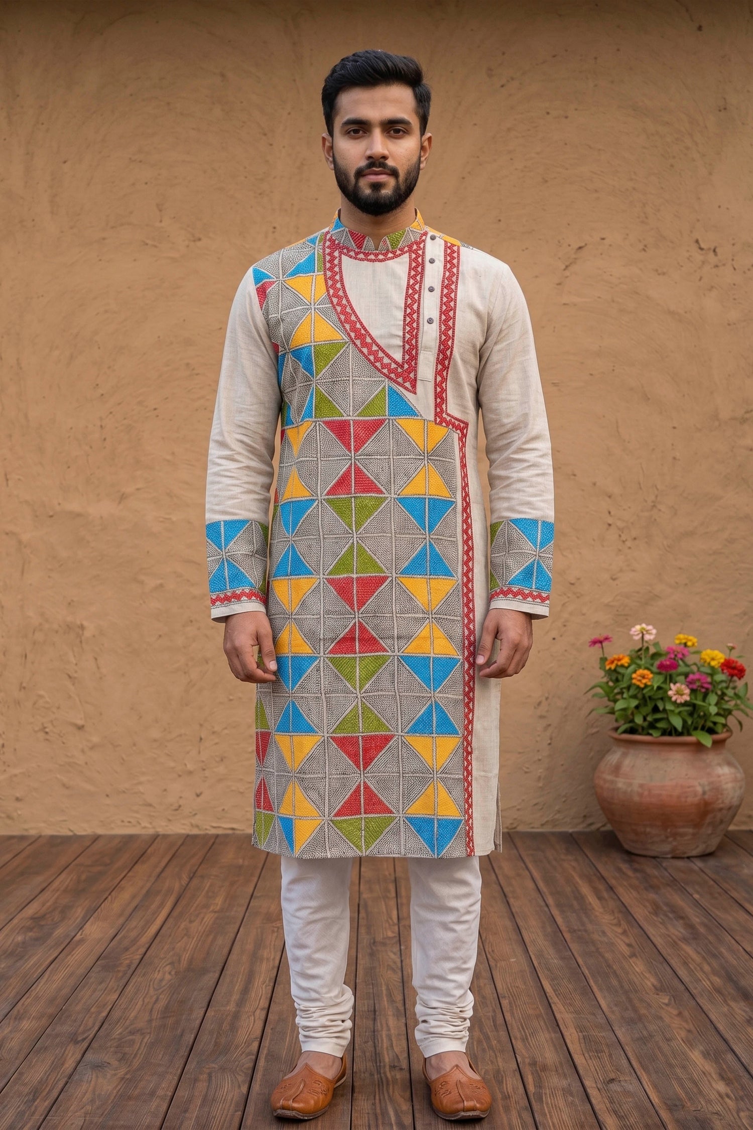 Beige Pure Tussar with Kantha Work (Hand Embroidery) Panjabi KP26385