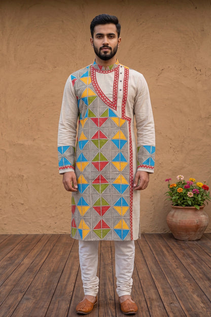 Beige Pure Tussar with Kantha Work (Hand Embroidery) Panjabi KP26385
