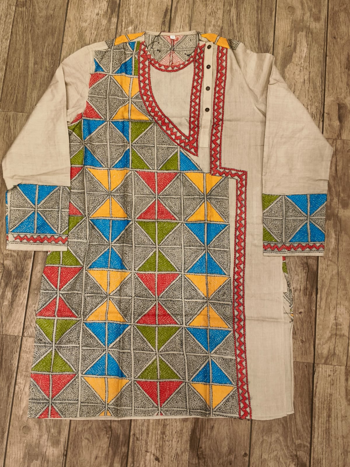 Beige Pure Tussar with Kantha Work (Hand Embroidery) Panjabi KP26385