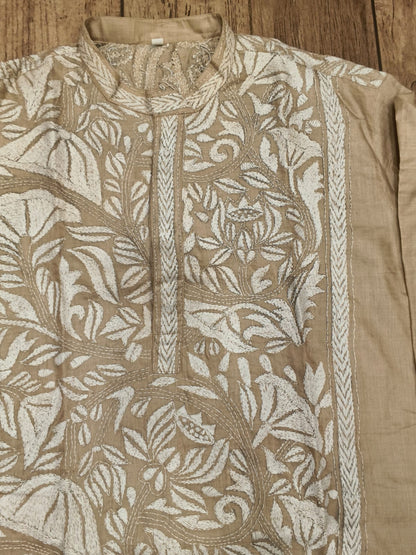 Beige Pure Tussar with Kantha Work (Hand Embroidery) Panjabi KP26386