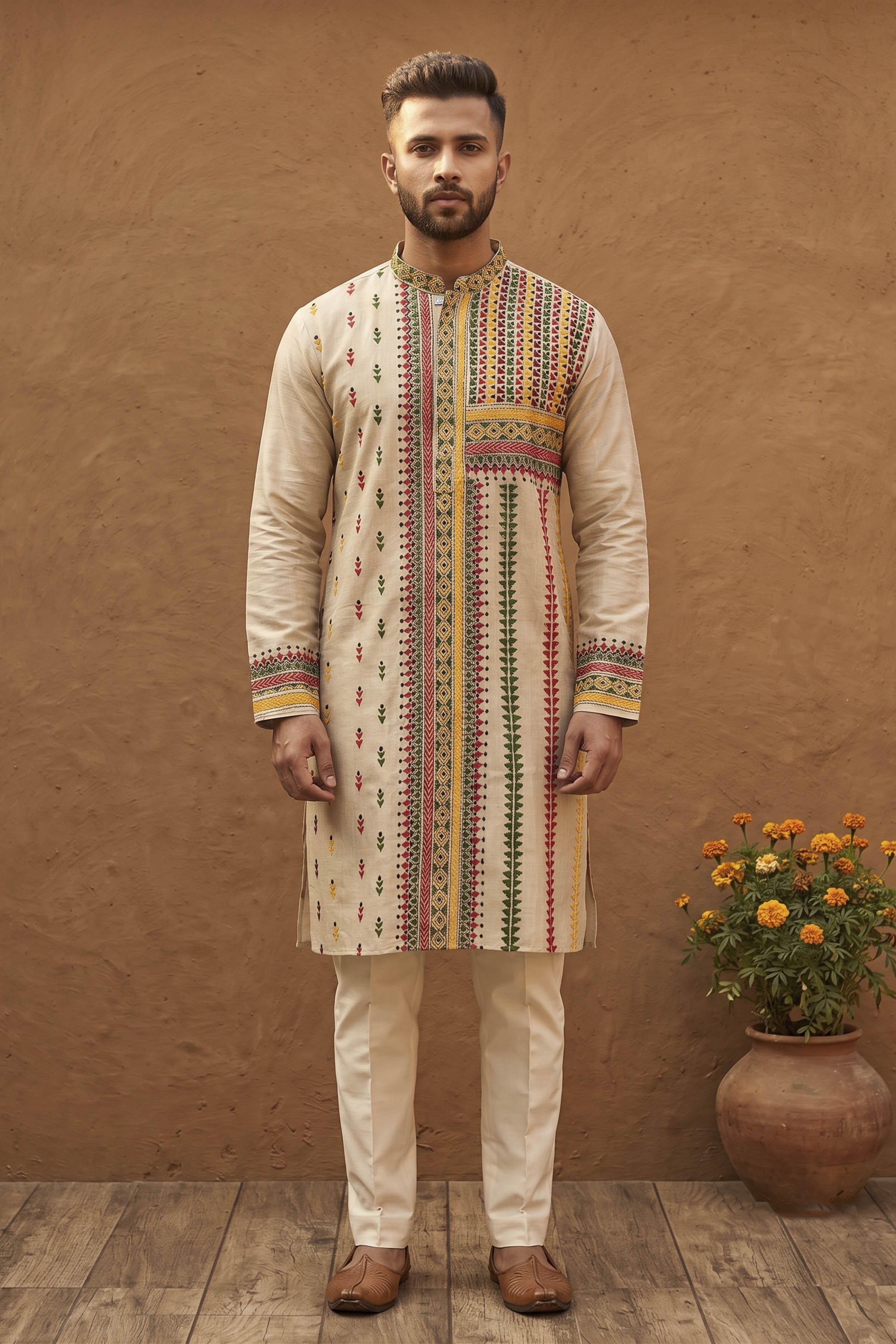 Beige Pure Tussar with Kantha Work (Hand Embroidery) Panjabi KP26387