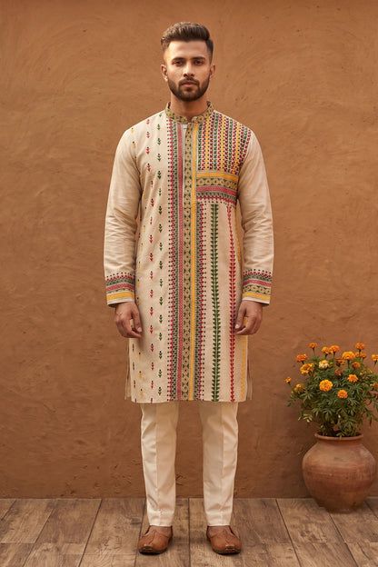 Beige Pure Tussar with Kantha Work (Hand Embroidery) Panjabi KP26387