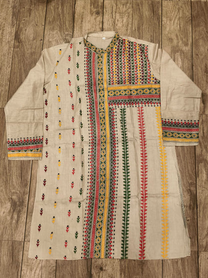 Beige Pure Tussar with Kantha Work (Hand Embroidery) Panjabi KP26387