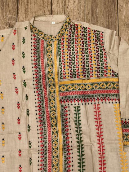 Beige Pure Tussar with Kantha Work (Hand Embroidery) Panjabi KP26387