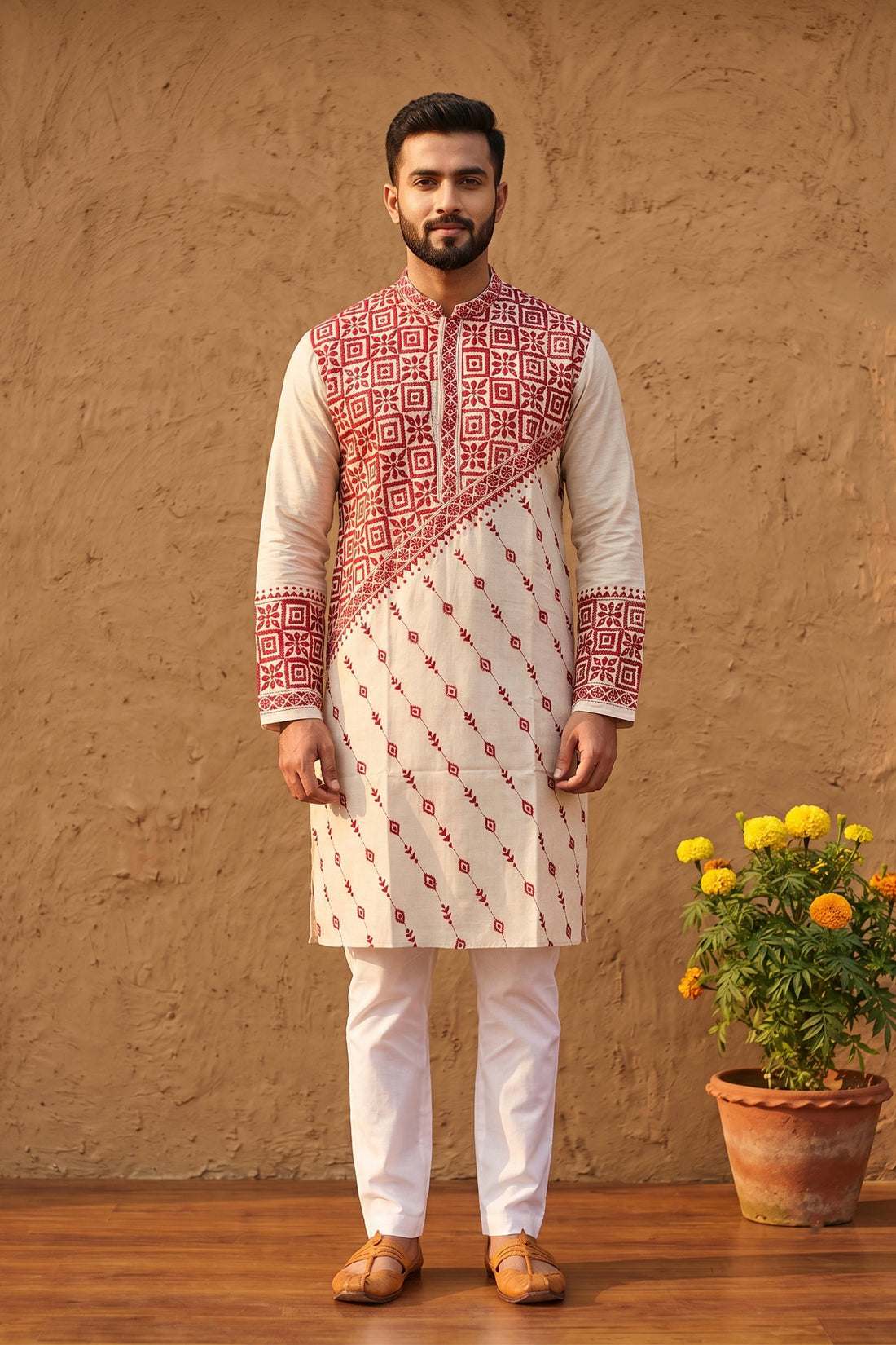 Beige Pure Tussar with Kantha Work (Hand Embroidery) Panjabi KP26388